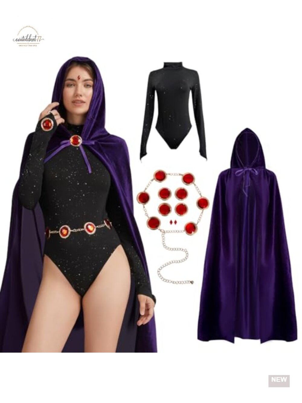 Women's Long Sleeve Bodysuit Velvet Hooded Cloak Costume Set Cosplay Halloween